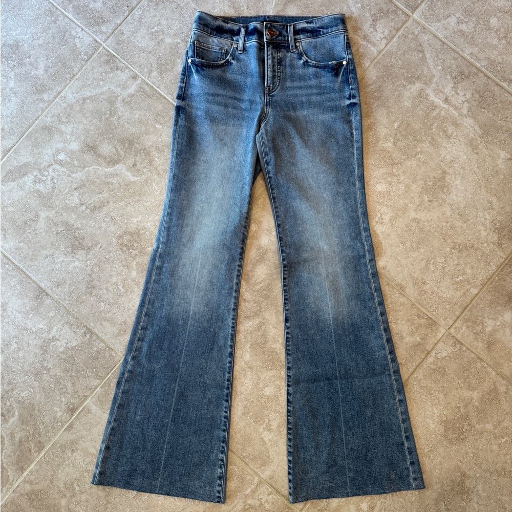 Express 70’s Mid-Rise Flare Raw Hem Jeans